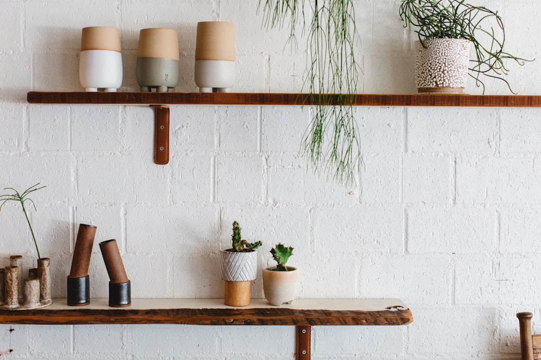 Minimalistisch muurplantenrek met moderne potten. Minimalistisch muurplantenrek met moderne potten.